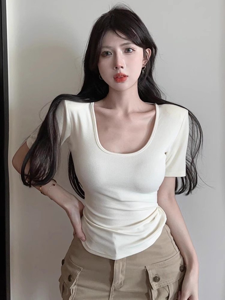 夏季白色u领正肩短款T恤女短袖设计感小众