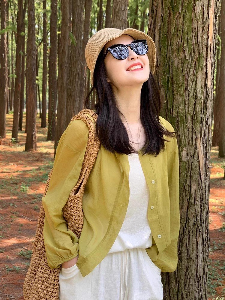 早春黄色亚麻长袖衬衫外套女春秋季外搭衬衣