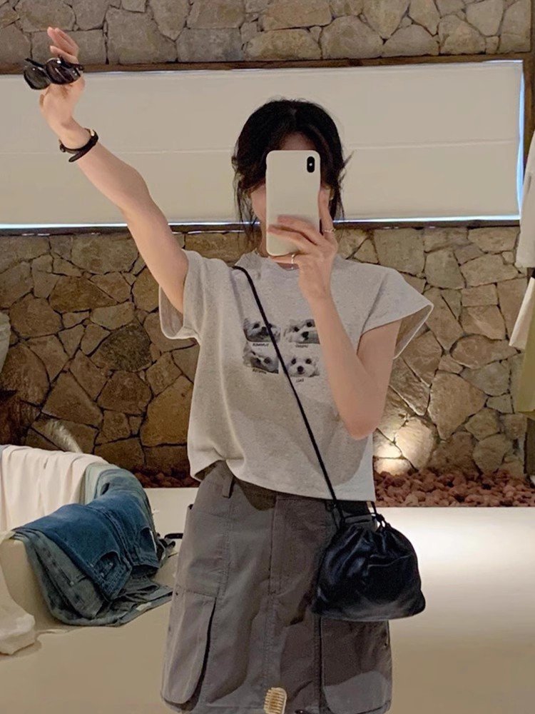 韩系短款灰色卡通印花短袖t恤女夏季小众设