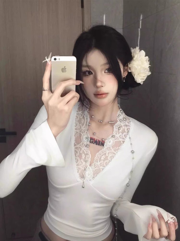 纯欲白色v领蕾丝长袖t恤女早春秋季小个子