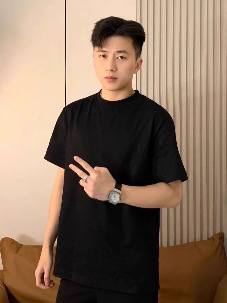 美式黑色正肩t恤男款夏季新疆棉小领口短袖