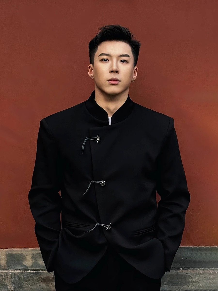 新中式立领垫肩西服男款春秋中国风盘扣中山