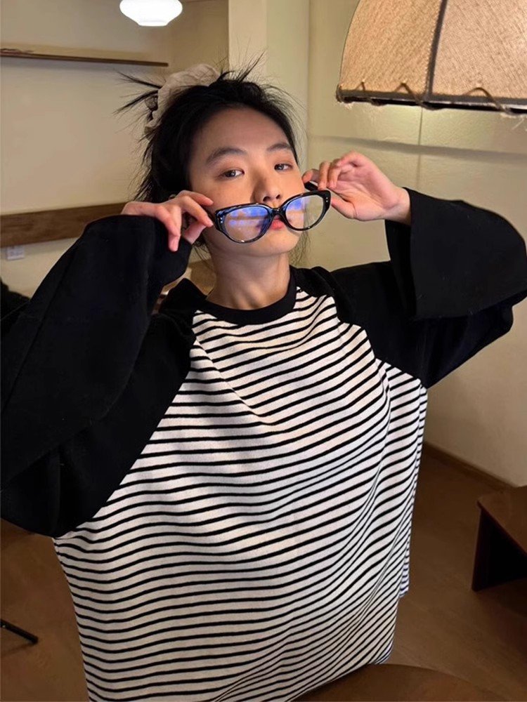 美式复古黑白条纹插肩长袖t恤女春秋季小众