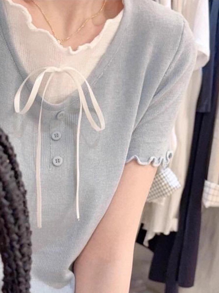 蓝色短款假两件v领短袖正肩t恤女夏季小个