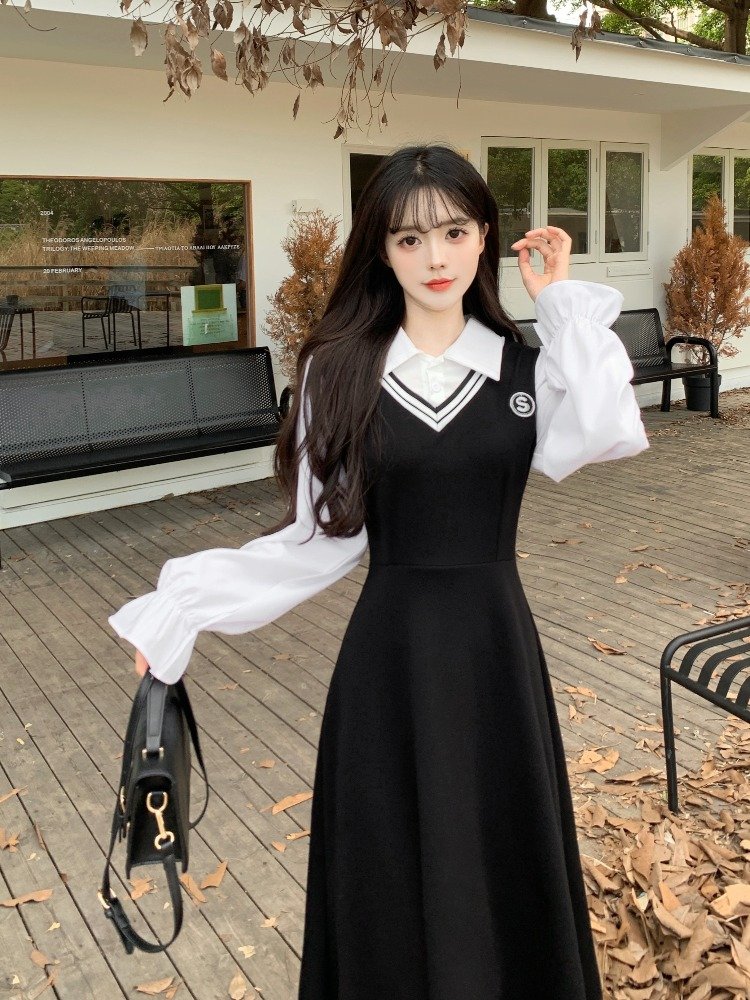 法式黑色学院风假两件衬衫连衣裙