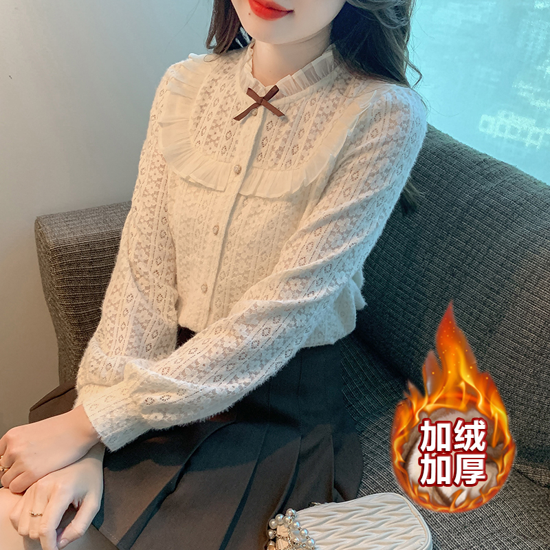 秋冬新款蕾丝衬衫女装衬衣搭上衣短款春