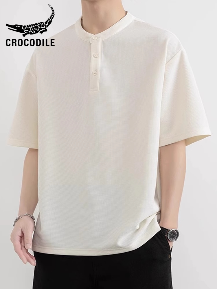 鳄鱼恤中式半袖衫亨利领短袖t恤男
