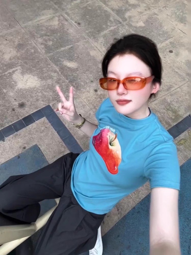 美式复古蓝色印花正肩短袖t恤女夏季小个子