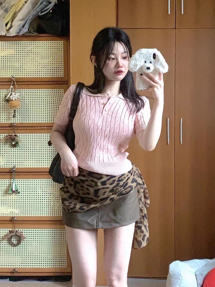 粉色针织麻花POLO衫冰丝短袖t恤女夏季