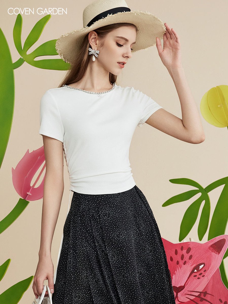 哥文花园夏季新款简约百搭系带松紧短袖T恤