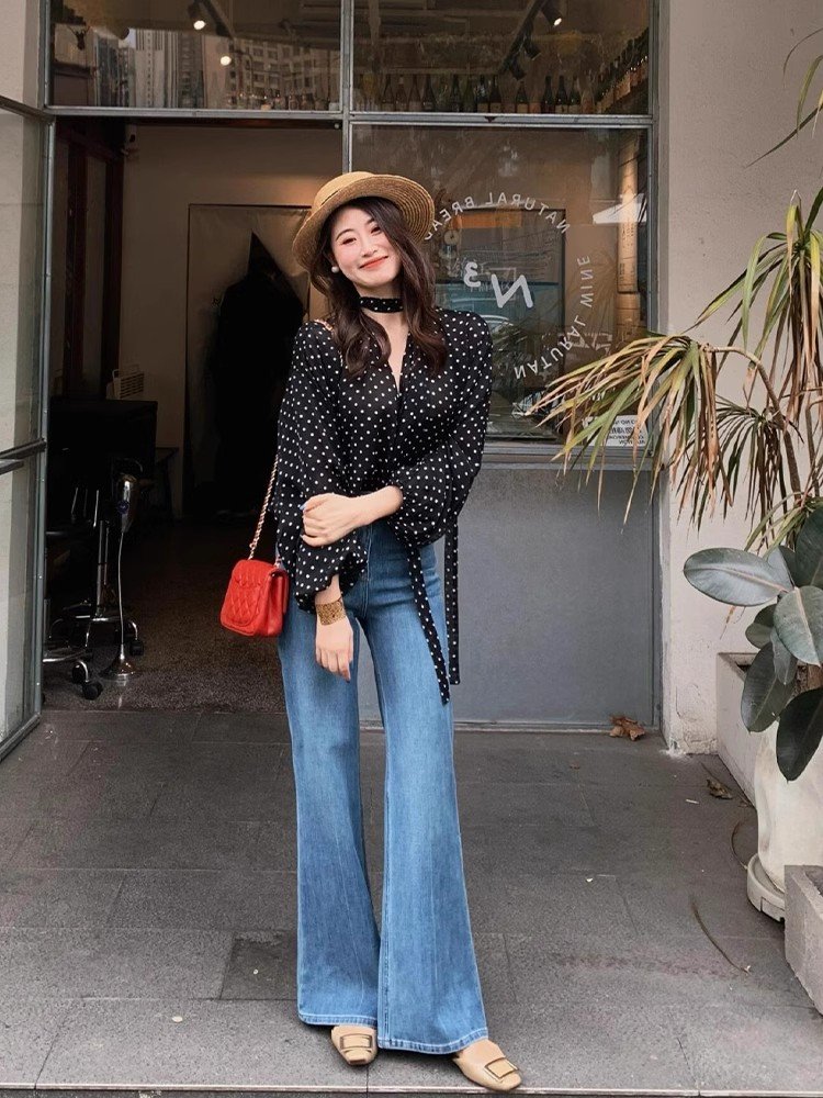 法式气质黑色波点v领长袖衬衫女早春外搭轻