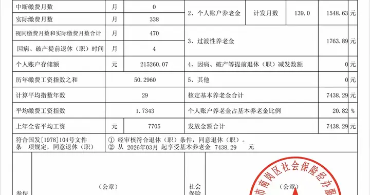 工龄39.17年，个账215260.07元，2026年2月退休，养老金有多少