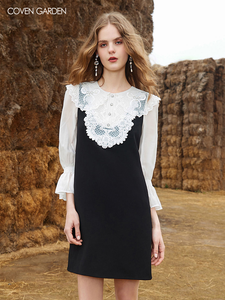 哥文花园秋季贵族学院风娃娃领黑白连衣裙