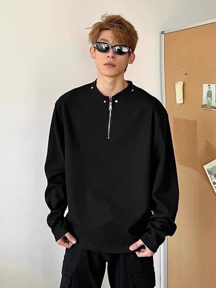 黑色垫肩长袖t恤男春秋季半拉链设计感铆钉