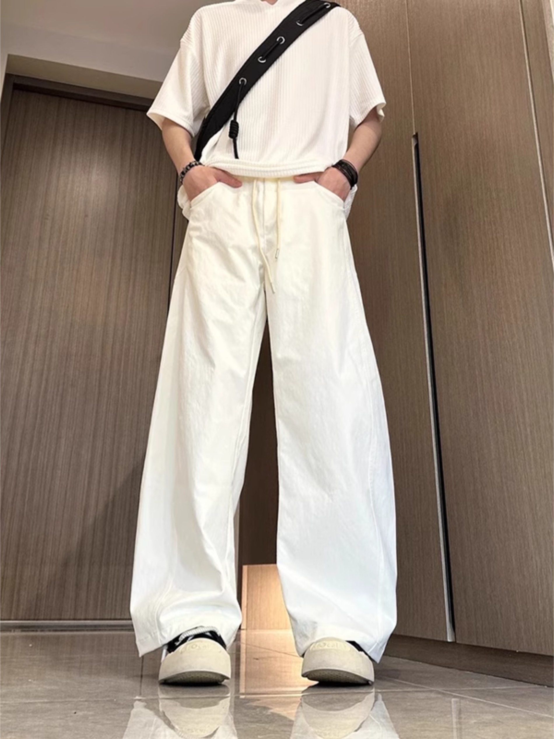 白色凉感弯刀裤男款夏季薄款美式宽松速干裤