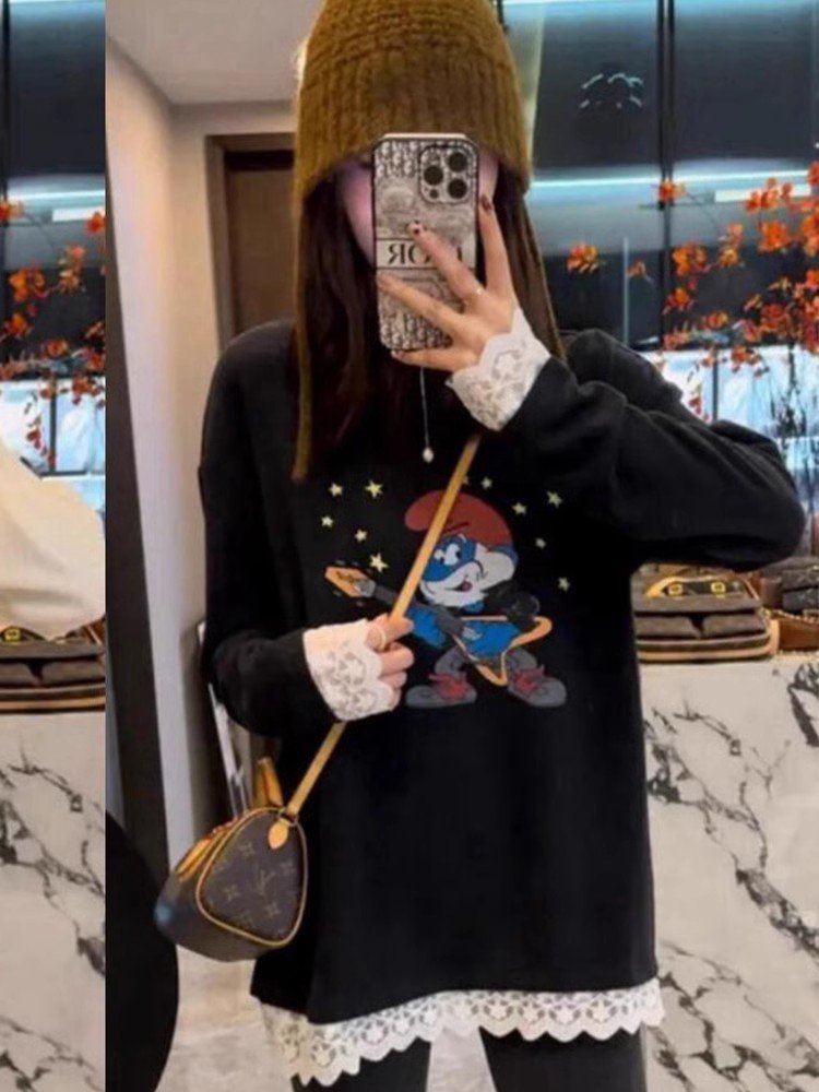 美式复古杏色卡通印花长袖t恤女春秋蕾丝下