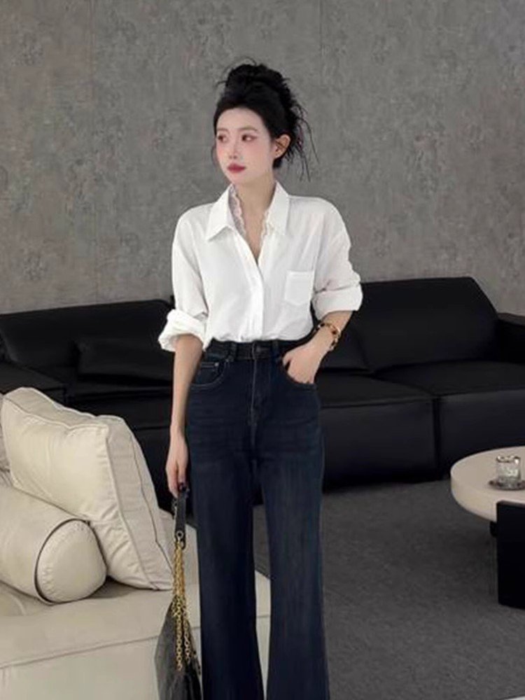 法式气质白色polo领开衫衬衣春秋女上衣