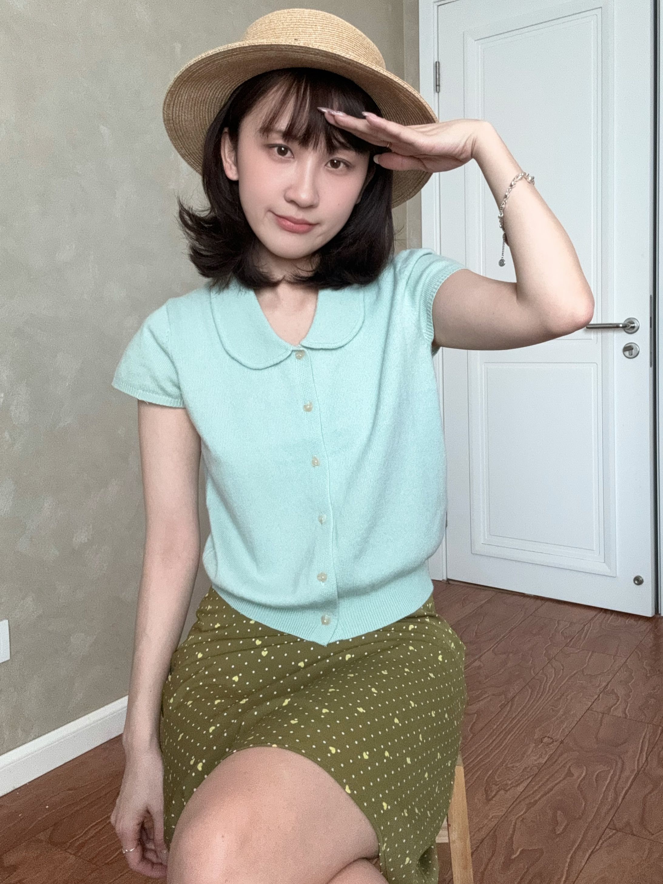 韩系绿色娃娃领冰丝针织短袖t恤女夏季小个