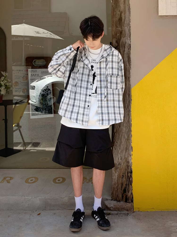 黑白格子连帽防晒衣衬衫男夏季轻薄透气格纹