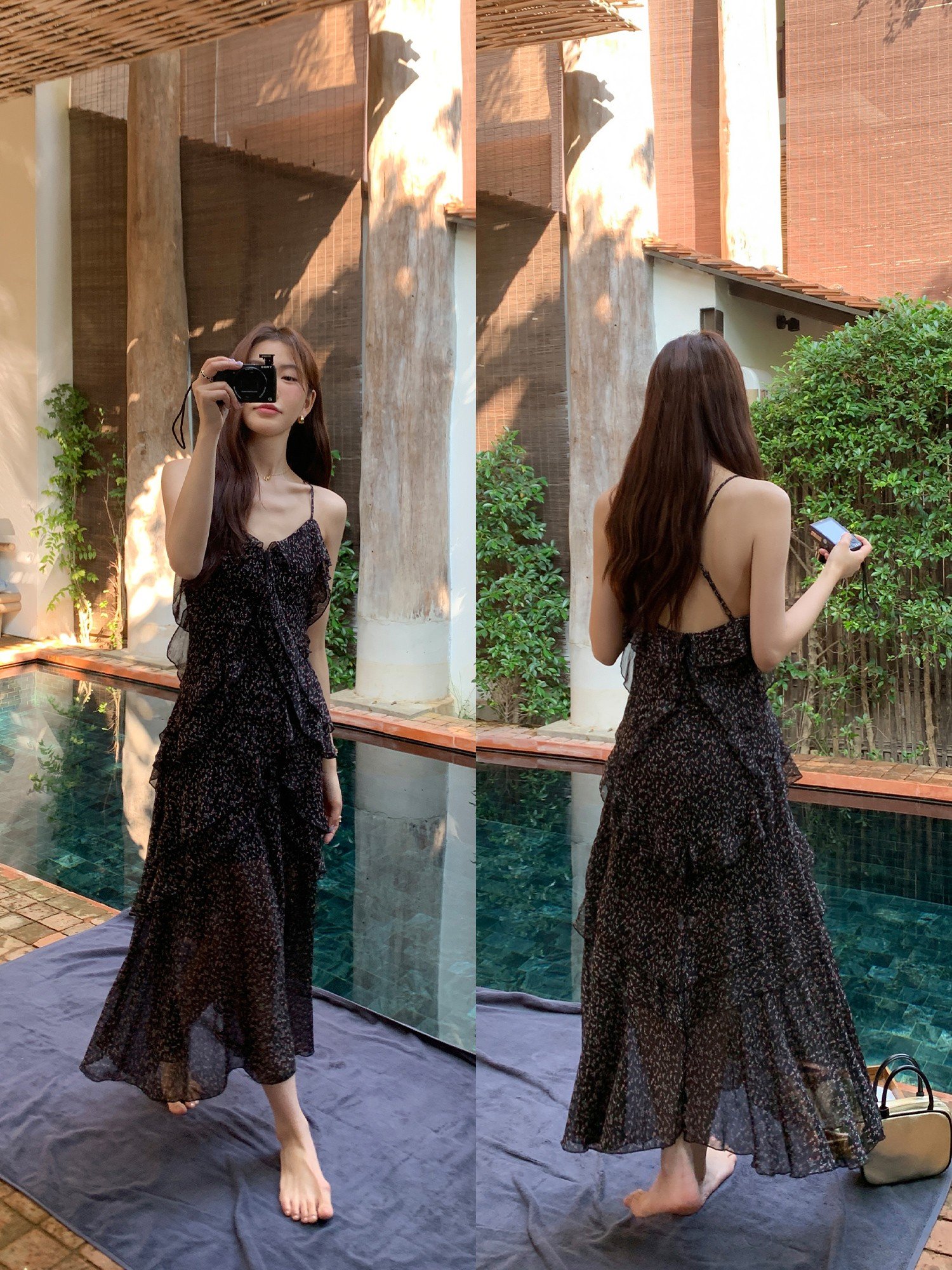 pusumede法式复古碎花吊带连衣裙女
