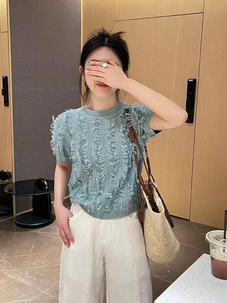 小香风湖蓝色毛边针织冰丝短款t恤女夏季短