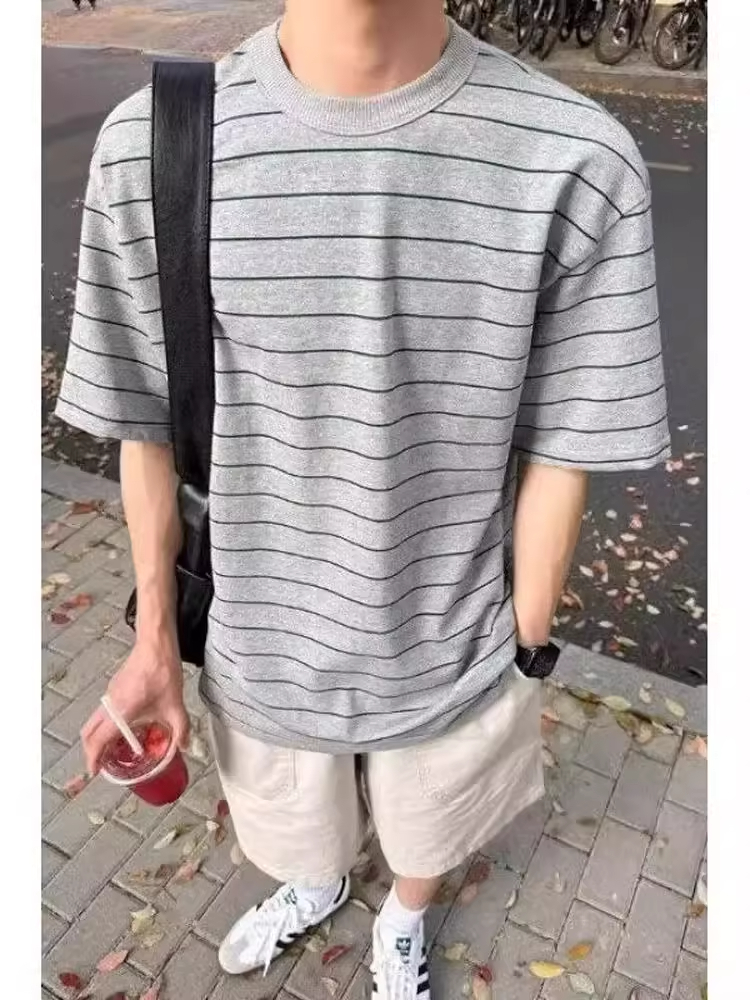 灰色条纹短袖t恤男生夏季韩系少年感重磅纯