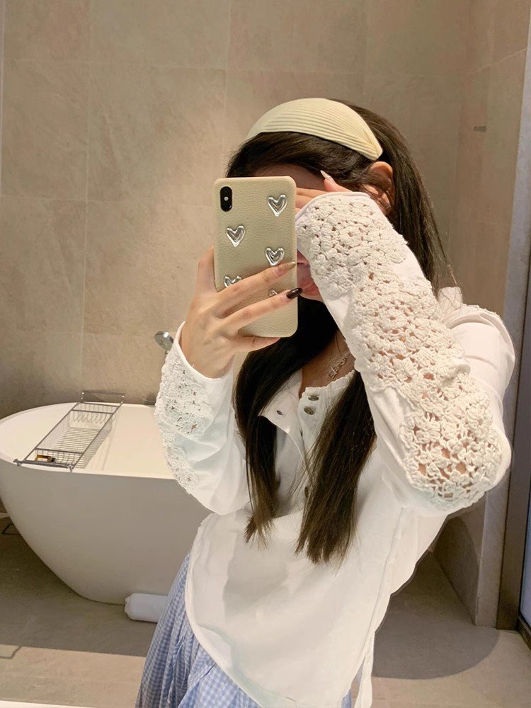 白色不规则镂空钩花针织长袖t恤女春秋季慵