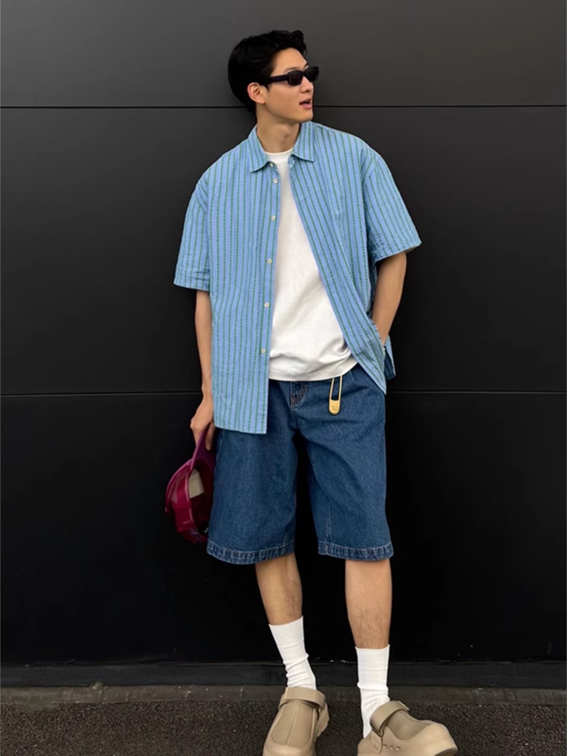 cleanfit蓝色牛仔短裤男日系复古c