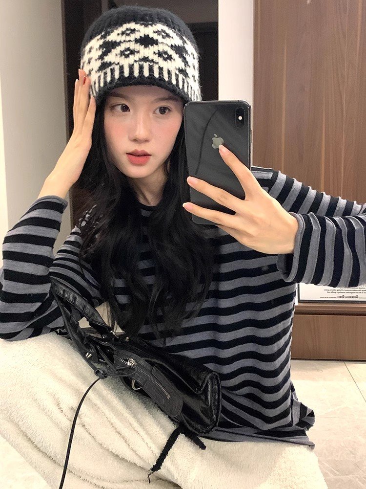 美式复古灰色条纹长袖t恤女春秋季小众设计