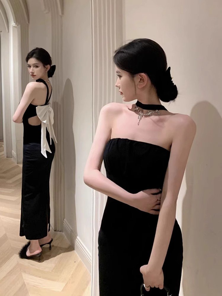 法式黑色吊带挂脖连衣裙女秋冬富家千金高级