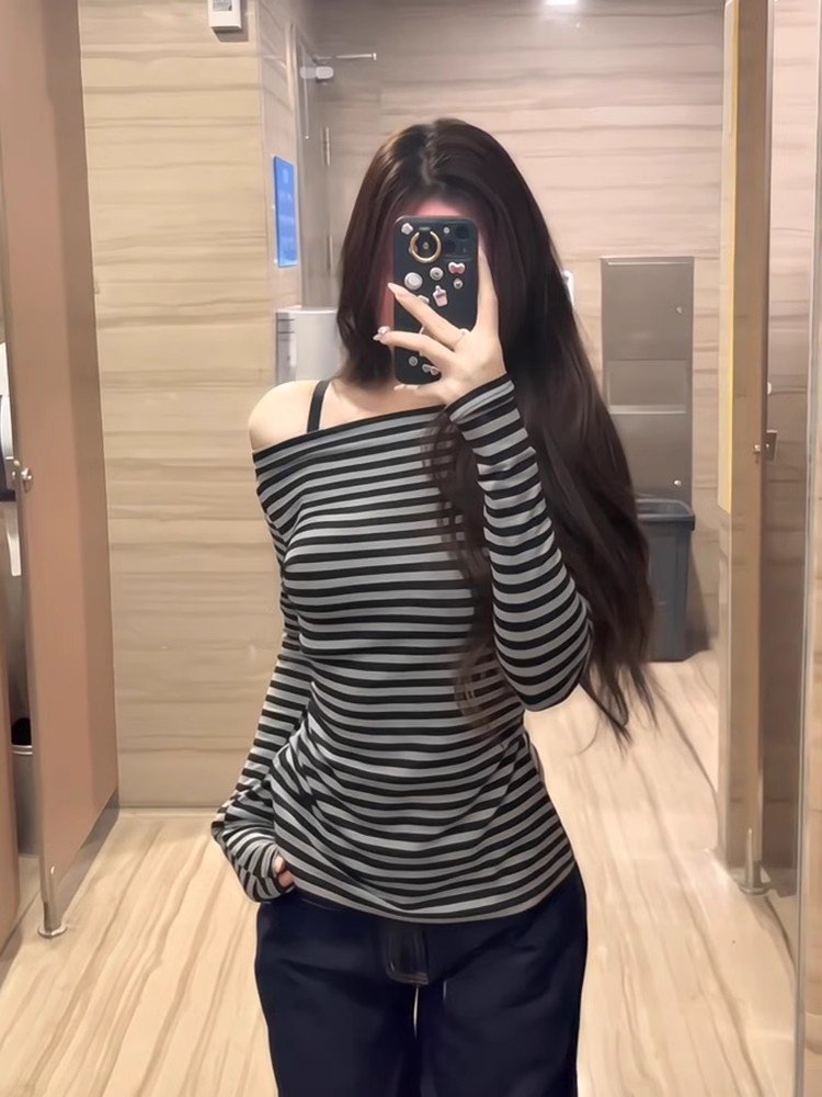 美式复古灰色条纹斜肩长袖t恤女春秋内搭打