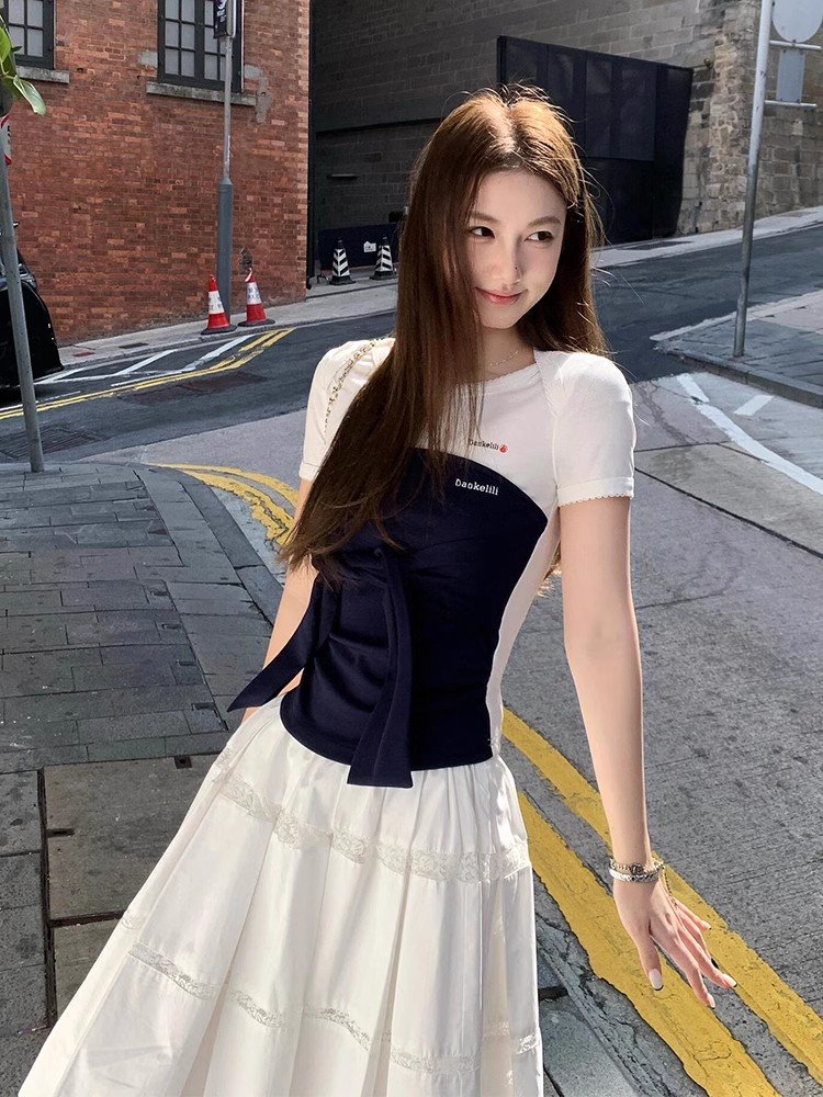 白色假两件正肩短袖t恤女夏季薄款小个子设