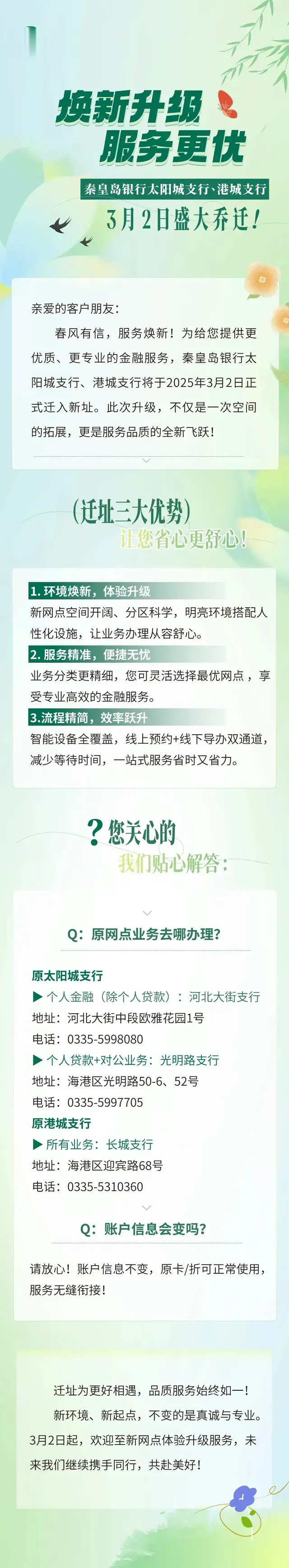 秦皇岛银行太阳城支行、港城支行3月2日盛大乔迁！