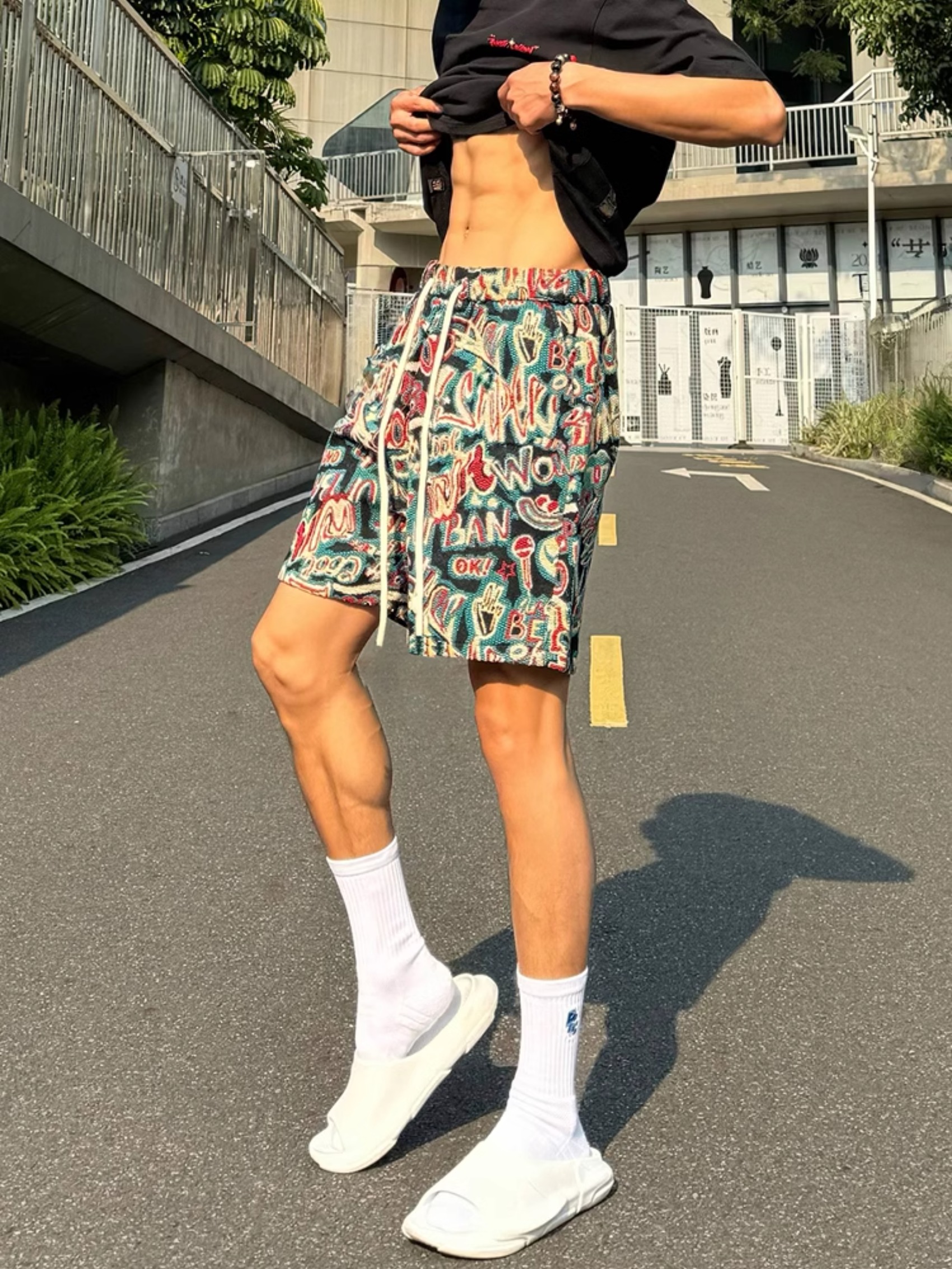 民族风提花重磅短裤男夏季设计感宽松阔腿裤