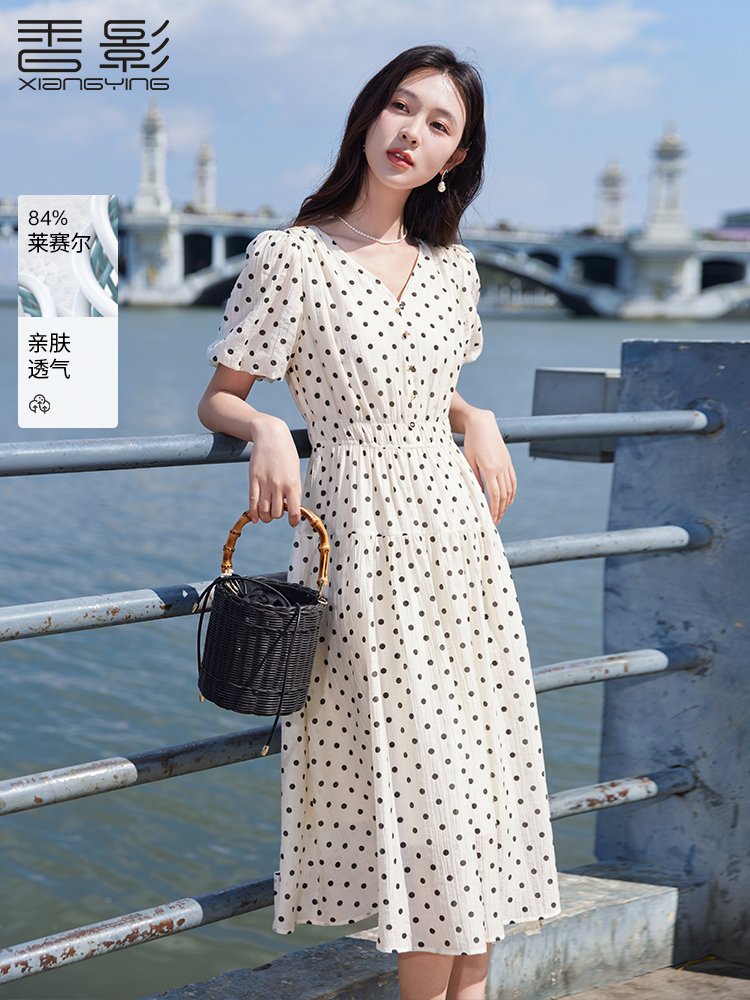 香影法式波点v领连衣裙女