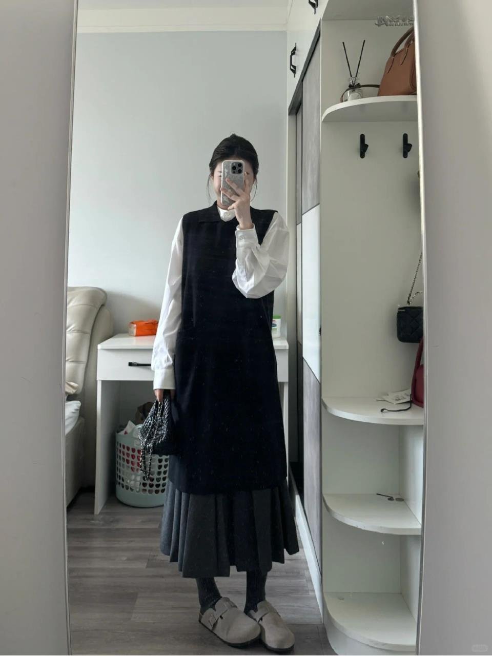 秋季新款高级感气质衬衫毛衣连衣裙三件套