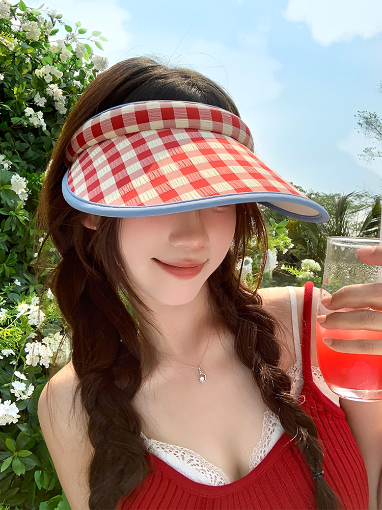 夏季户外出游甜美大帽檐遮阳格子空顶帽