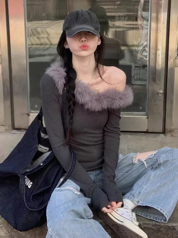 灰色斜肩毛边长袖t恤女春秋季内搭打底衫小