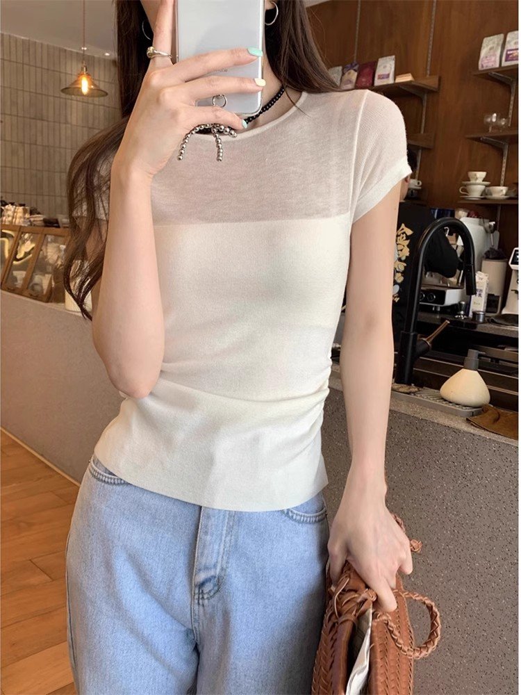 小个子白色正肩天丝凉感短袖t恤女夏季针织
