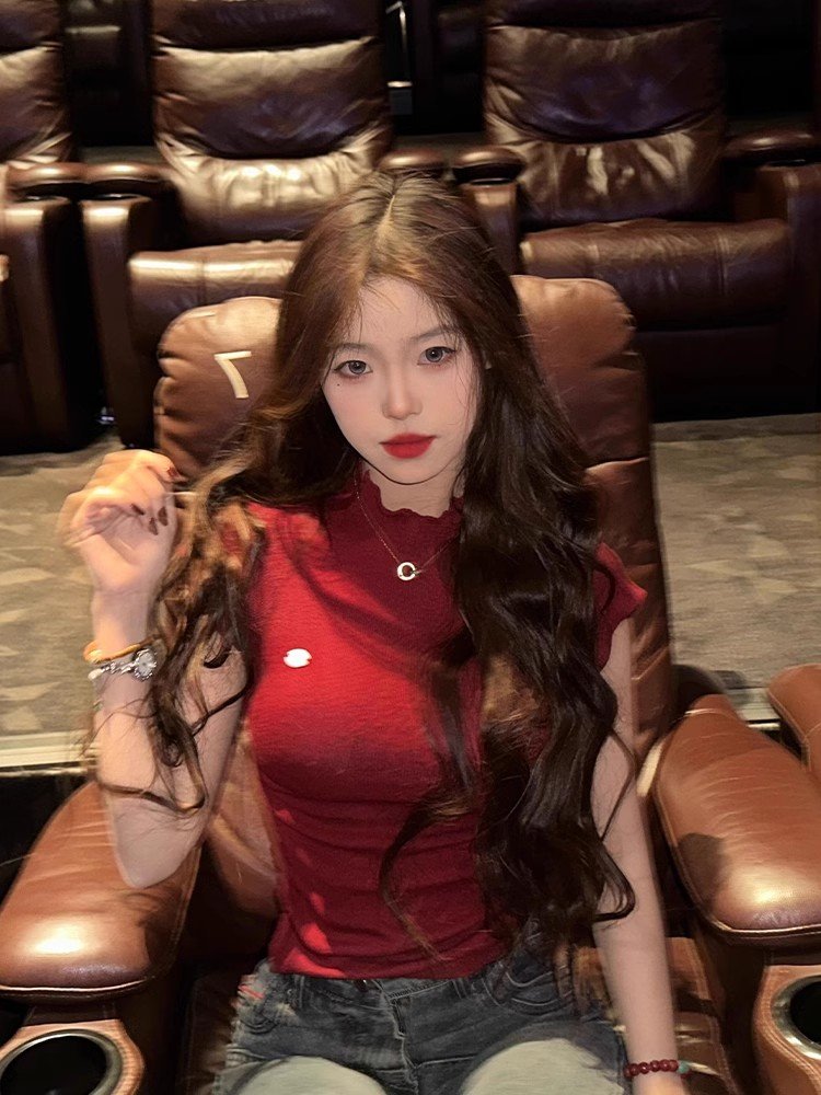 韩系红色木耳边半高领短袖t恤女夏季修身紧