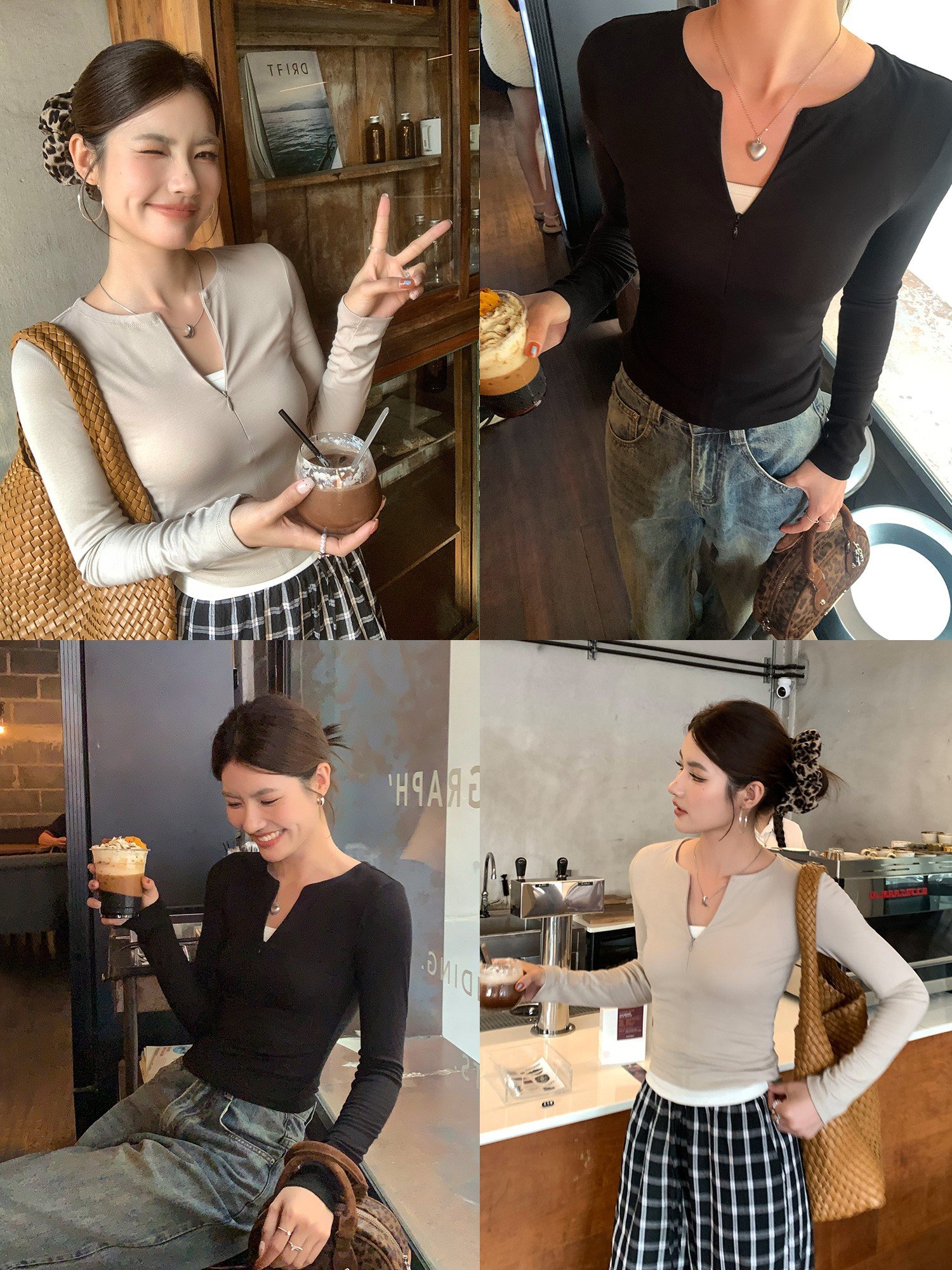 pusumede半开领拉链修身长袖t恤女