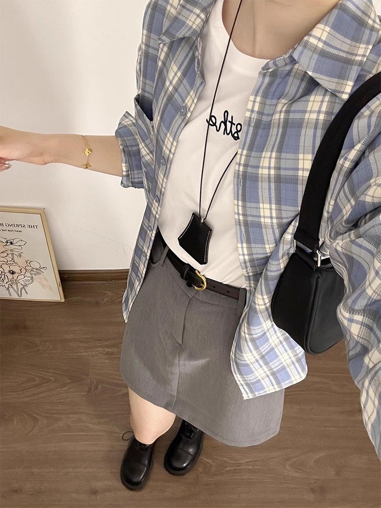 韩系撞色格子polo领正肩长袖衬衫女春秋