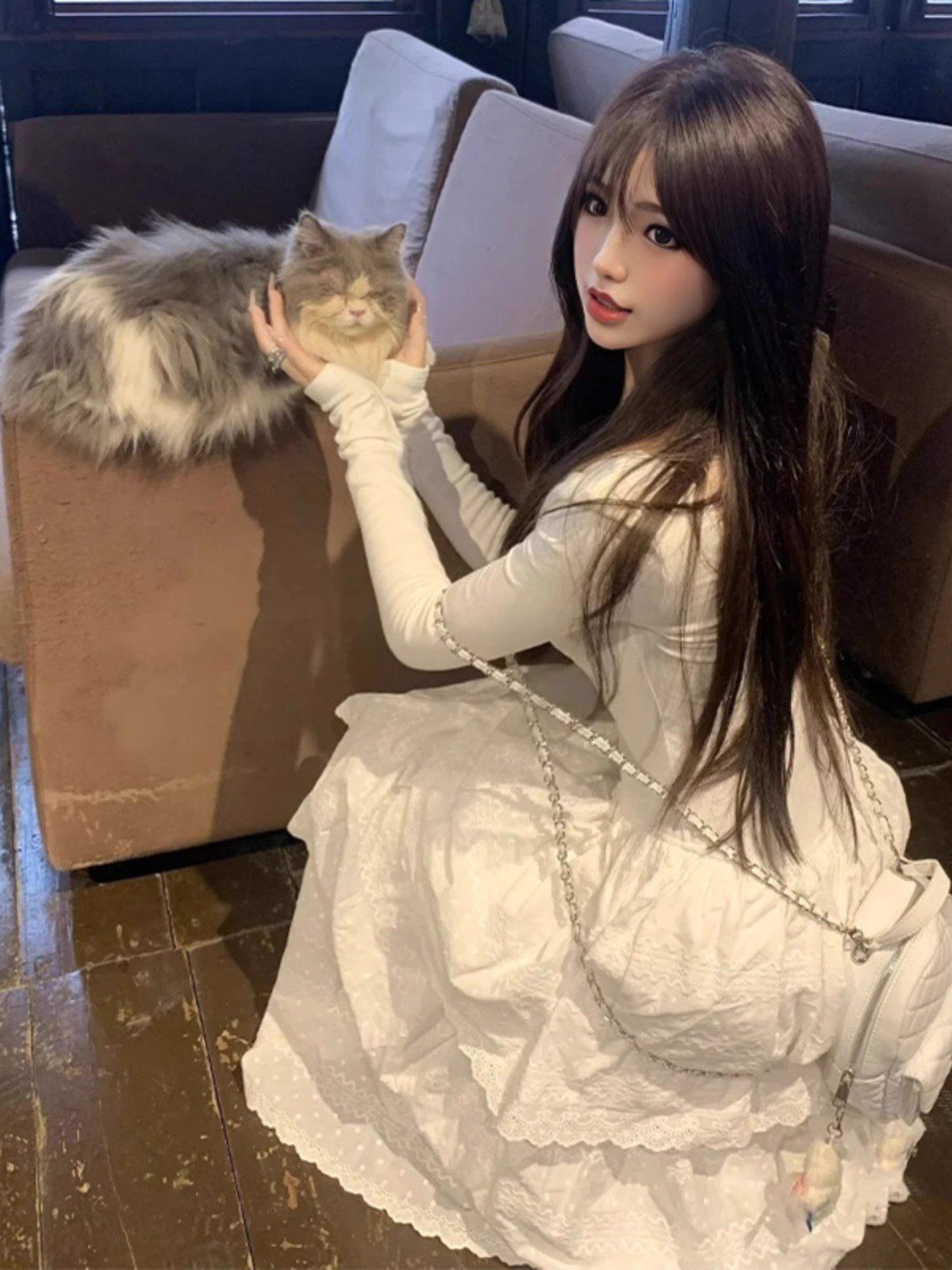 法式气质绝美白色长袖连衣裙女收腰蓬蓬蛋糕