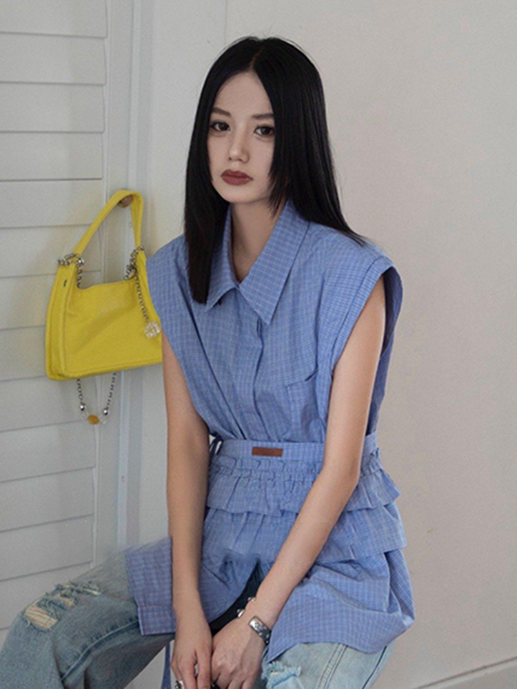 绝美小上衣高级感轻奢减龄洋气蓝色无袖衬衫