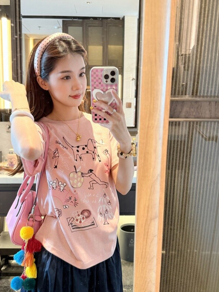设计感小众宽松慵懒风圆领蓝色印花短袖t恤