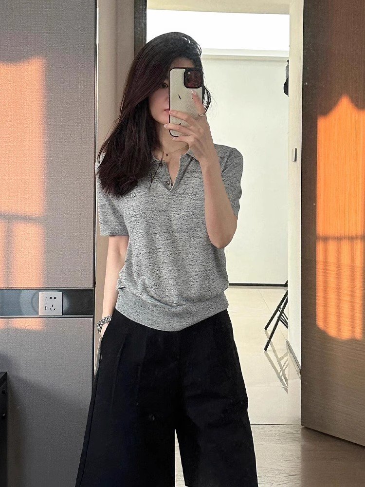 韩系灰色冰丝POLO衫短袖正肩t恤女夏季
