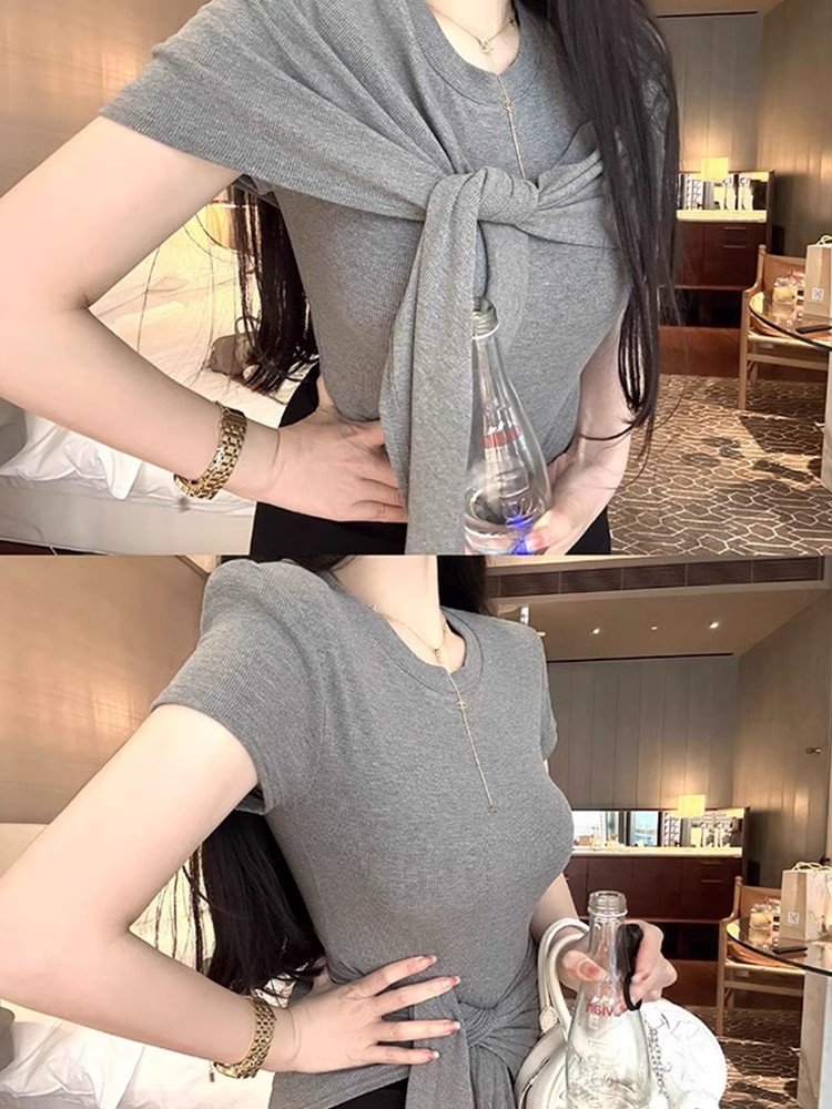 小个子独特绝美短款披肩上衣两件套女夏季灰