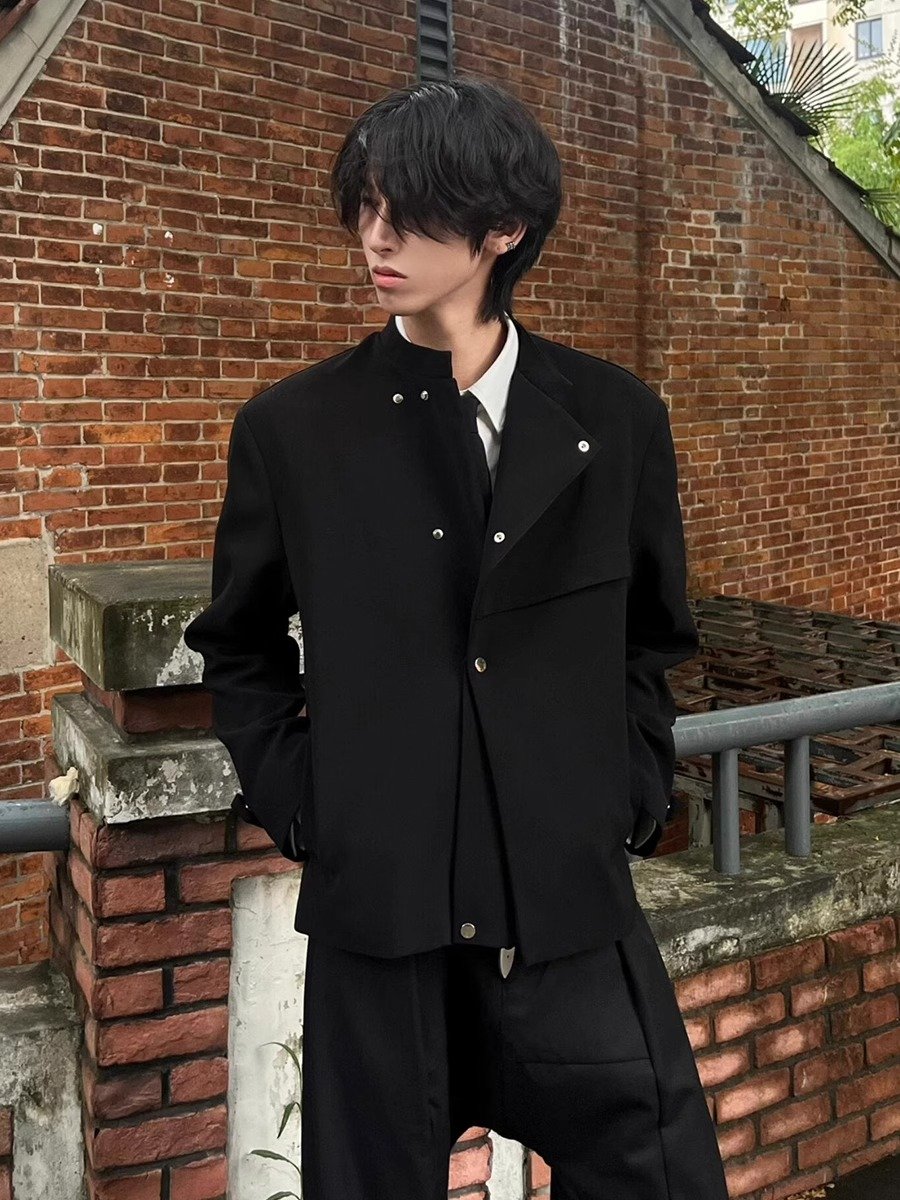 新中式男装斜门禁立领西装外套男款春季高级