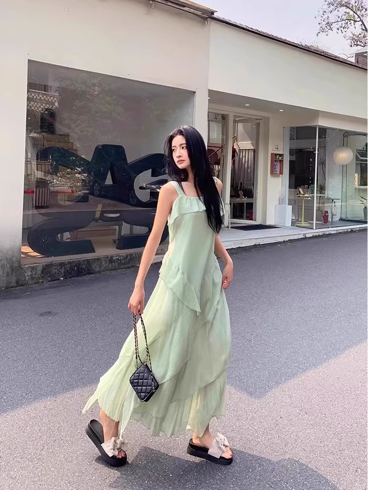 夏季海滩度假风绿色薄纱连衣裙子女装法式气