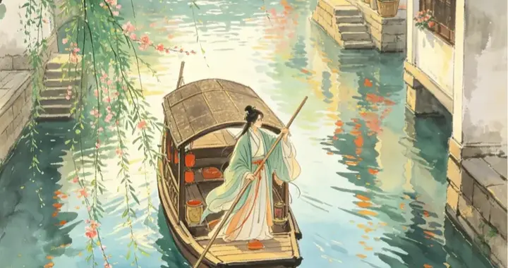 小兔续句诗：一篙撑破绿杨烟，欸乃声中别旧年。水巷船头春酒熟